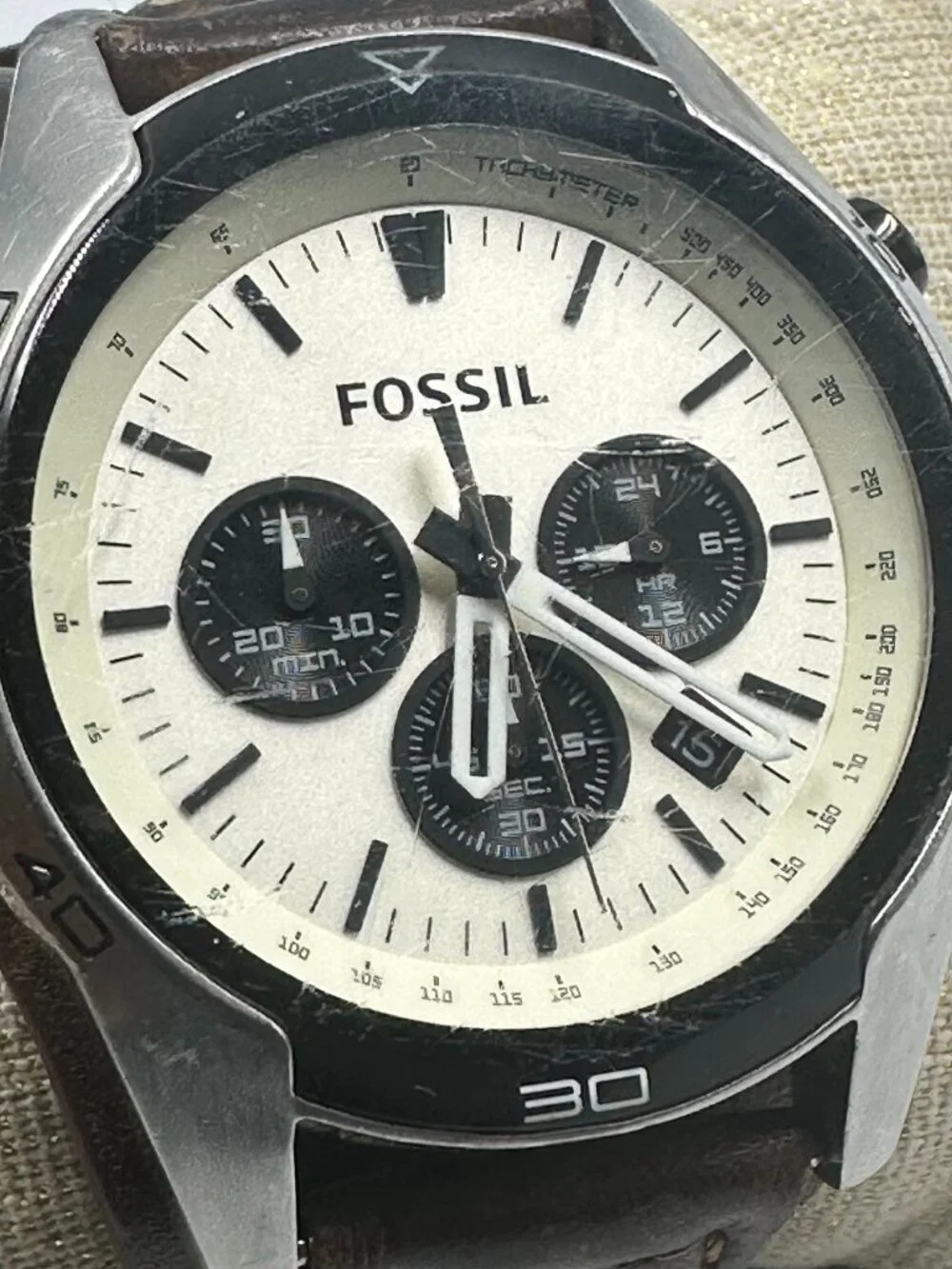 Fossil Coachman Chronograph Watch Men Cream Dial Leather Strap Band New Battery